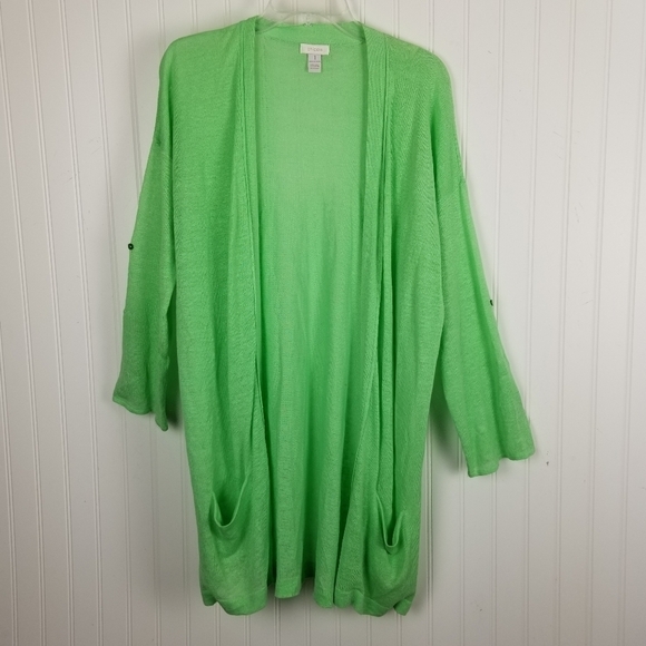 Chicos Womens Linen Open Cardigan Sweater Size 1 Medium Long Line Roll Tab Green - Picture 15 of 15